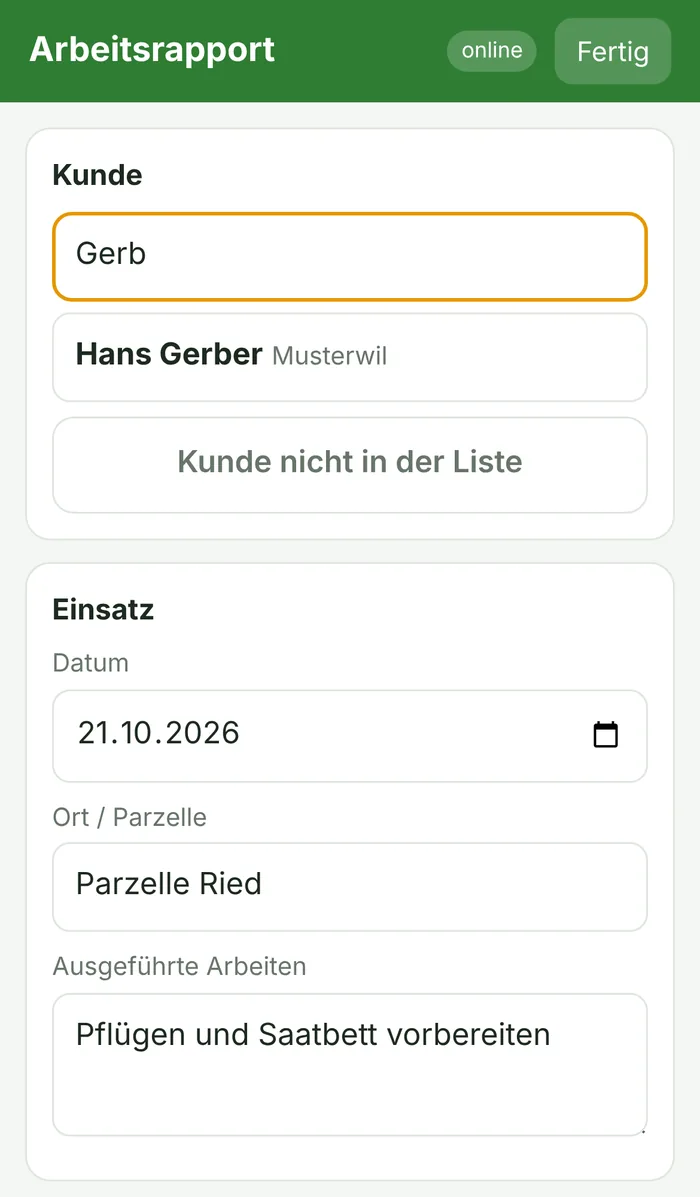 Arbeitsrapport auf dem Handy (Beispieldaten)