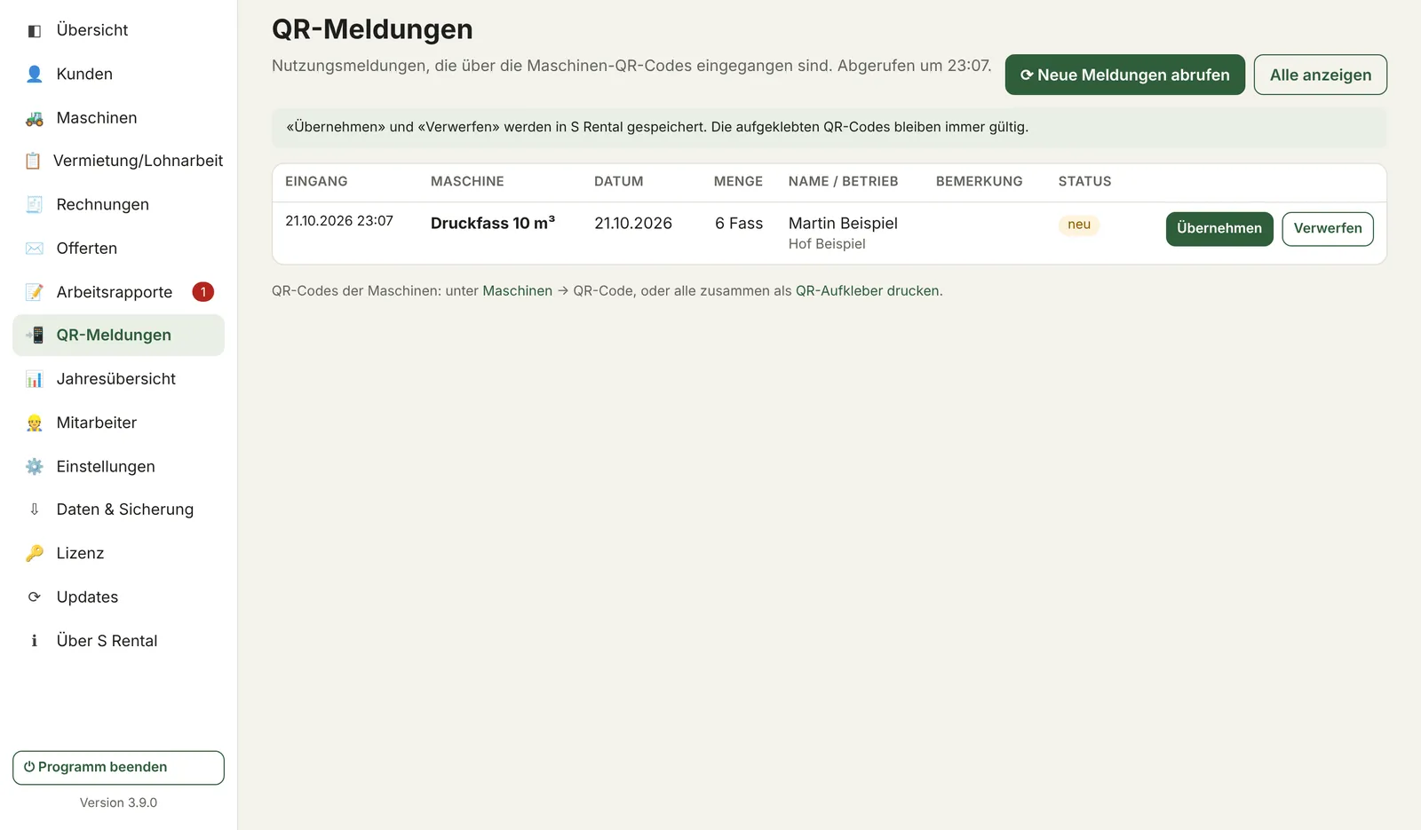 QR-Meldungen in S Rental